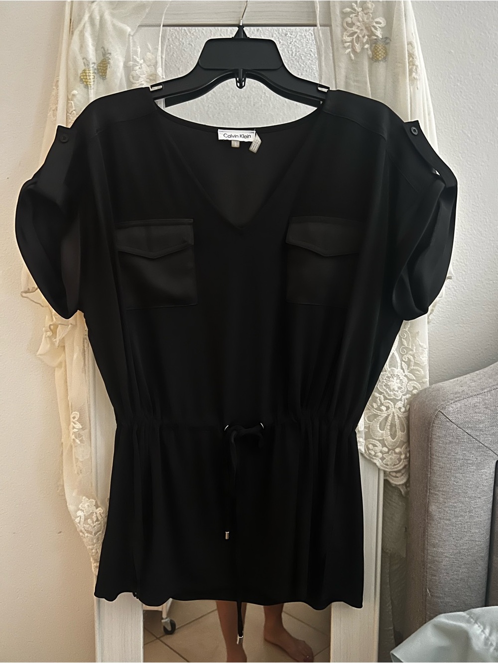 Calvin Klein Black V-Neck Blouse with Drawstring Waist